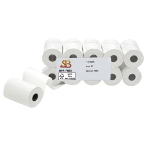 Rotolo per POS e carte di credito - 57 mm x 18 m - diametro esterno 38 mm - anima 12 mm - 55 gr - carta termica BPA free - Sabacart - blister 10 pezzi - immagine 1