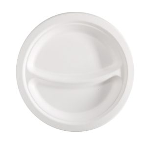 Piatto piano a 2 scomparti monouso - rotondo - diametro 23 cm - canna da zucchero - bianco - Signor Bio - conf. 50 pezzi - immagine 1