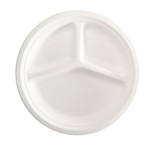 Piatto piano a 3 scomparti monouso - rotondo - diametro 26 cm - canna da zucchero - bianco - Signor Bio - conf. 50 pezzi - immagine 1