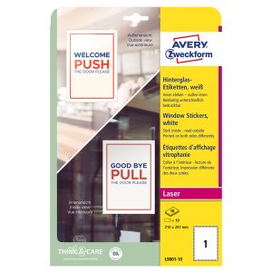 Etichette adesive per finestre - in carta - con pellicola - laser - rimovibili - 210 x 297 mm - 1et/fg - 10 fogli - bianco - Avery - immagine 1