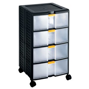 Cassettiera portautensili modulare - 4 cassetti - con maniglia e ruote - 39,1 x 39 x 62,9 cm - PPL - trasparente/nero - Store-Age - immagine 1