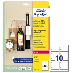 Cartellino stampabile - in cartoncino - con bordi lisci - laser - 90 x 50 mm - 10 cart/fg - 10 fogli - bianco - Avery - immagine 1
