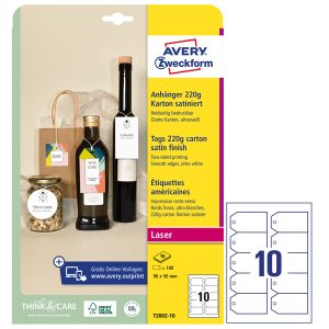 Cartellino stampabile - in cartoncino - con bordi tagliati lisci - laser - 90 x 50 mm - 10 cart/fg - 10 fogli - bianco - Avery - immagine 1