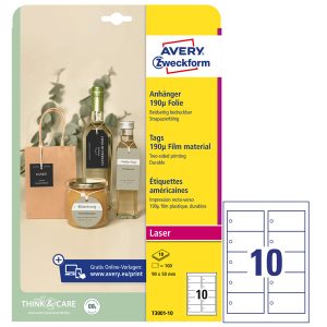 Cartellino stampabile resistente - plastica 190 µ - laser - 90 x 50 mm - 10 cart/fg - 10 fogli - bianco - Avery - immagine 1