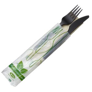 Bis coltello e forchetta - CPLA - con tovagliolo - bianco - Leone - conf. 250 pezzi - immagine 1