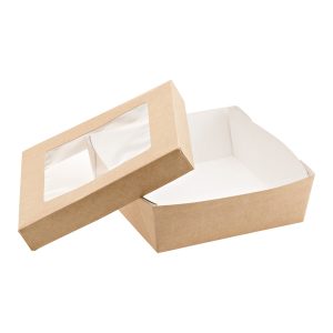 Scatola da asporto - con finestra trasparente - 14 x 14 x 5 cm - carta kraft/PE - avana - Leone - conf. 25 pezzi - immagine 1