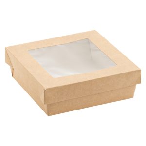 Scatola da asporto - con finestra trasparente - 14 x 14 x 5 cm - carta kraft/PE - avana - Leone - conf. 25 pezzi - immagine 2