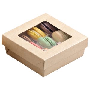 Scatola da asporto - con finestra trasparente - 14 x 14 x 5 cm - carta kraft/PE - avana - Leone - conf. 25 pezzi - immagine 3