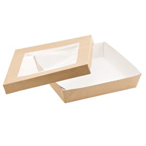 Scatola da asporto - con finestra trasparente - 18 x 18 x 5 cm - carta kraft/PE - avana - Leone - conf. 20 pezzi - immagine 1