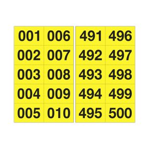 Numero adesivo da 001 a 500 - 45 x 24 mm - 10 et/fg - 50 fogli - nero/giallo - immagine 1