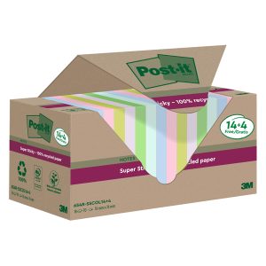 Blocco foglietti Post it® SuperSticky Green - SSCOL14+4 - 76 x 76 mm - carta riciclata - colori pastello assortiti - 70 fogli - Post it® - conf. 18 blocchi - immagine 1