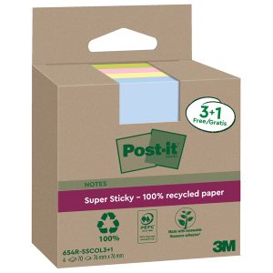 Blocco foglietti Post it® SuperSticky Green - 654R-SSCOL3+1 - 76 x 76 mm -  carta riciclata - colori pastello assortiti - 70 fogli - Post it® - conf. 4 blocchi - immagine 1