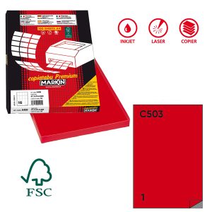 Etichette adesive C/503 - in carta - permanenti - 210 x 297 mm - 1 et/fg - 100 fogli - rosso - Markin - immagine 1