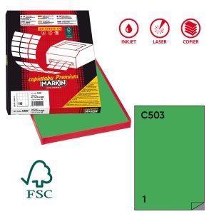 Etichette adesive C/503 - in carta - permanenti - 210 x 297 mm - 1 et/fg - 100 fogli - verde - Markin - immagine 1