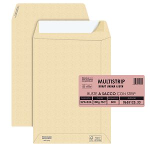 Busta a sacco Multi Strip - strip adesivo - 23 x 33 cm - 100 gr - carta riciclata FSC - avana - Pigna Envelopes - conf. 500 pezzi - immagine 1