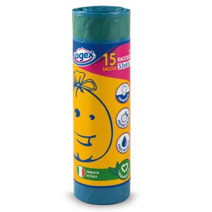 Sacchi per immondizia con maniglie - 53 x 65 cm - 40 L - 25 micron - blu - Logex Professional - rotolo da 15 sacchetti - immagine 1