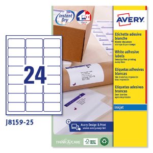 Etichette adesive J8159 - in carta - angoli arrotondati - inkjet - permanenti - 63,5 x 33,9 mm - 24 et/fg - 25 fogli - bianco - Avery - immagine 1