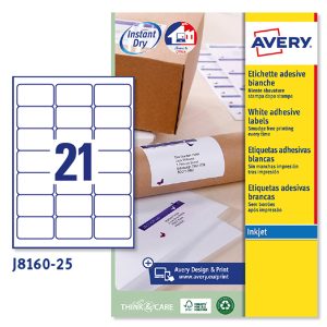Etichette adesive J8160 - in carta - angoli arrotondati - inkjet - permanenti - 63,5 x 38,1 mm - 21 et/fg - 25 fogli - bianco - Avery - immagine 1