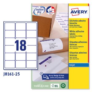 Etichette adesive J8161 - in carta - angoli arrotondati - inkjet - permanenti - 63,5 x 46,6 mm - 18 et/fg - 25 fogli - bianco - Avery - immagine 1