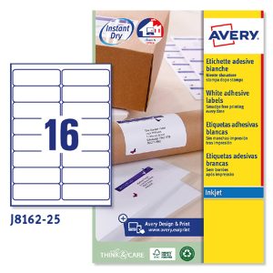 Etichette adesive J8162 - in carta - angoli arrotondati - inkjet - permanenti - 99,1 x 33,9 mm - 16 et/fg - 25 fogli - bianco - Avery - immagine 1