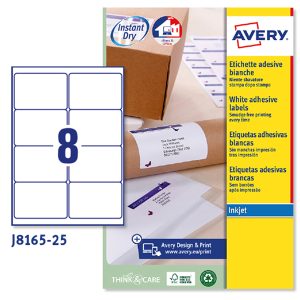 Etichette adesive J8165 - in carta - angoli arrotondati - inkjet - permanenti - 99,1 x 67,7 mm - 8 et/fg - 25 fogli - bianco - Avery - immagine 1