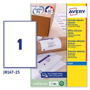 Etichette adesive J8167 - in carta - angoli arrotondati - inkjet - permanenti - 199,6 x 289,1 mm - 1 et/fg - 25 fogli - bianco - Avery - immagine 1