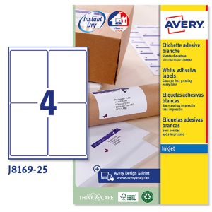 Etichette adesive J8169 - in carta - angoli arrotondati - inkjet - permanenti - 99,1 x 139 mm - 4 et/fg - 25 fogli - bianco - Avery - immagine 1