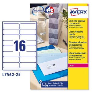 Etichette adesive L7562 - in poliestere - laser - permanenti - 99,1 x 34 mm - 16 et/fg - 25 fogli - trasparente - Avery - immagine 1