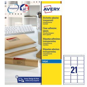 Etichette adesive J8560 - in PE - inkjet - permanenti - 63,5 x 38,1 mm - 21 et/fg - 25 fogli - trasparente - Avery - immagine 1