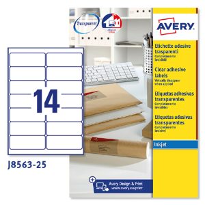 Etichette adesive J8563 - in poliestere - inkjet - permanenti - 99,1 x 38,1 mm - 14 et/fg - 25 fogli - trasparente - Avery - immagine 1