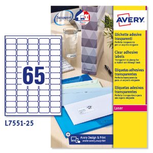 Etichette adesive L7551 - in poliestere - laser - permanenti - 38,1 x 21,2 mm - 65 et/fg - 25 fogli - trasparente - Avery - immagine 1