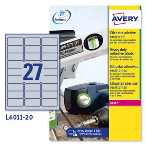 Etichette adesive L6011 - in poliestere - laser - permanenti - 63,5 x 29,6 mm - 27 et/fg - 20 fogli - argento - Avery - immagine 1
