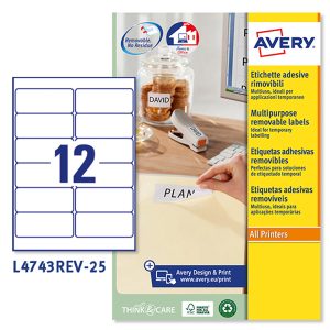 Etichette adesive L4743REV - in carta - angoli arrotondati - rimovibili - 99,1 x 42,3 mm - 12 et/fg - 25 fogli - bianco - Avery - immagine 1