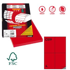 Etichette adesive C/519 - in carta - permanenti - 105 x 148,5 mm - 4 et/fg - 100 fogli - rosso - Markin - immagine 1