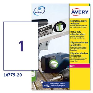Etichette adesive L4775 - in poliestere - laser - permanenti - 210 x 297 mm - 1 et/fg - 20 fogli - bianco - Avery - immagine 1
