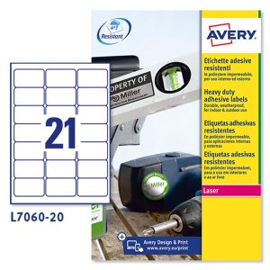 Etichette adesive L7060 - in poliestere - laser - permanenti - 63,5 x 38,1 mm - 21 et/fg - 20 fogli - bianco - Avery - immagine 1