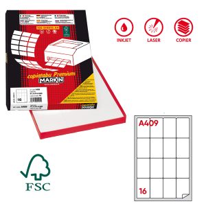Etichette adesive A/409 - in carta - angoli arrotondati - permanenti - 47,7 x 70 mm - 16 et/fg - 100 fogli - bianco - Markin - immagine 1