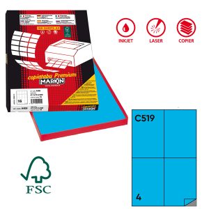 Etichette adesive C/519 - in carta - permanenti - 105 x 148,5 mm - 4 et/fg - 100 fogli - blu - Markin - immagine 1