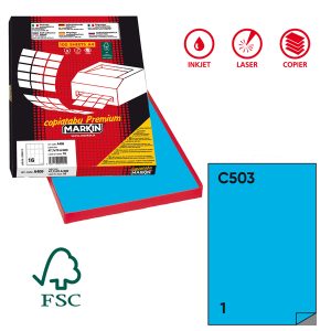 Etichette adesive C/503 - in carta - permanenti - 210 x 297 mm - 1 et/fg - 100 fogli - blu - Markin - immagine 1