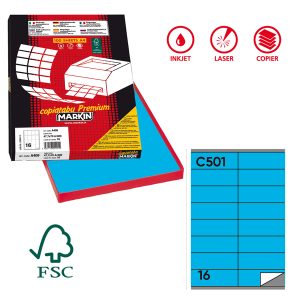 Etichette adesive C/501 - in carta - permanenti - 105 x 36 mm - 16 et/fg - 100 fogli - blu - Markin - immagine 1
