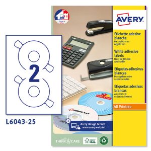 Etichette adesive tonde L6043 - in carta - laser - permanenti - diametro CD 117 mm - foro 41 mm - 2 et/fg - 25 fogli - bianco - Avery - immagine 1