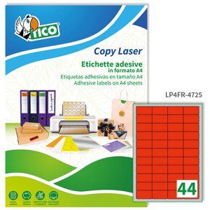Etichette adesive LP4F - in carta - angoli arrotondati - permanenti - 47,5 x 25,5 mm - 44 et/fg - 70 fogli - rosso fluo - Tico - immagine 1