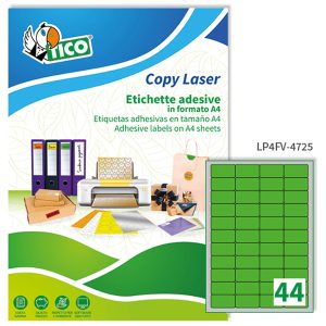 Etichette adesive LP4F - in carta - angoli arrotondati - permanenti - 47,5 x 25,5 mm - 44 et/fg - 70 fogli - verde fluo - Tico - immagine 1