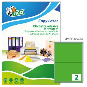 Etichette adesive LP4F - in carta - angoli arrotondati - permanenti - 200 x 142 mm - 2 et/fg - 70 fogli - verde fluo - Tico - immagine 1