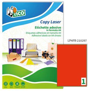 Etichette adesive LP4F - in carta - permanenti - 210 x 297 mm - 1 et/fg - 70 fogli - rosso fluo - Tico - immagine 1