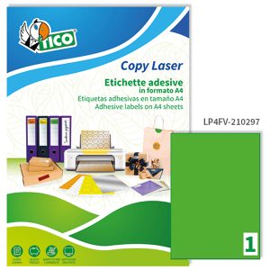 Etichette adesive LP4F - in carta - permanenti - 210 x 297 mm - 1 et/fg - 70 fogli - verde fluo - Tico - immagine 1