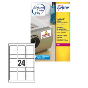 Etichette adesive extra strong L6141 - in poliestere - laser - permanenti - 63,5 x 33,9 mm - 24 et/fg - 20 fogli - bianco - Avery - immagine 1