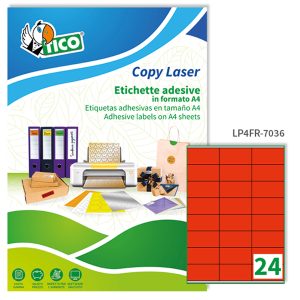 Etichette adesive LP4F - in carta - con margini - permanenti - 70 x 36 mm - 24 et/fg - 70 fogli - rosso fluo - Tico - immagine 1