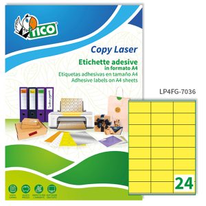 Etichette adesive LP4F - in carta - con margini - permanenti - 70 x 36 mm - 24 et/fg - 70 fogli - giallo fluo - Tico - immagine 1