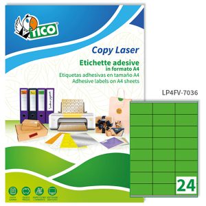 Etichette adesive LP4F - in carta - con margini - permanenti - 70 x 36 mm - 24 et/fg - 70 fogli - verde fluo - Tico - immagine 1